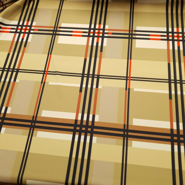 Beige Large Check Printed Scuba Crepe Jersey Fabric 4 Way Stretch