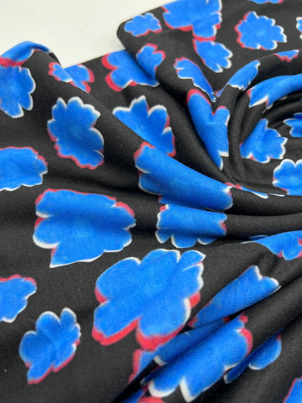 Black Blue Large Floral Print Spun Poly Stretch Fabric