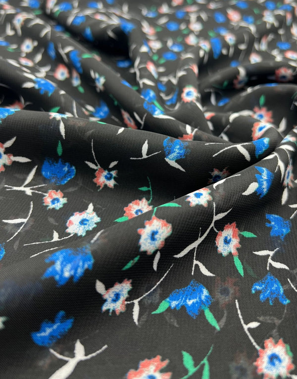 Black Blue Red Ditsy Floral Printed Chiffon Dress Fabric