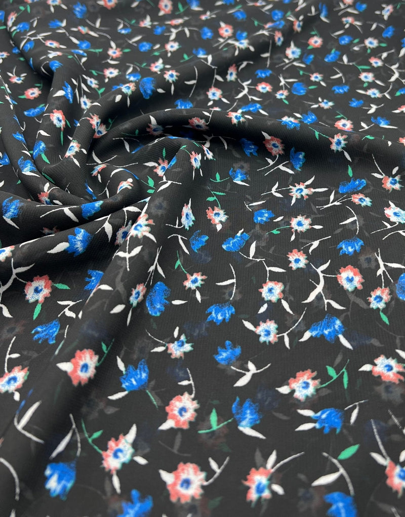 Black Blue Red Ditsy Floral Printed Chiffon Dress Fabric