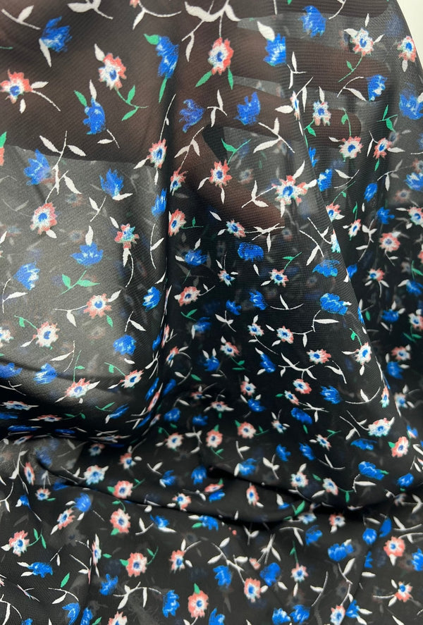 Black Blue Red Ditsy Floral Printed Chiffon Dress Fabric