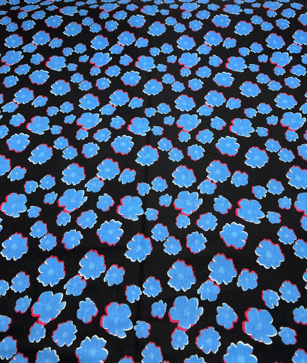 Black Blue Small Floral Print Spun Poly Stretch Fabric