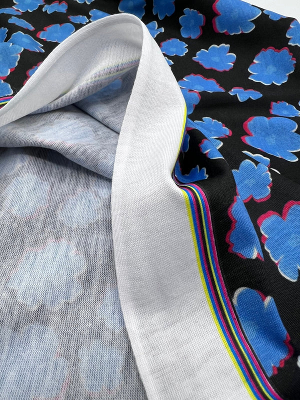 Black Blue Small Floral Print Spun Poly Stretch Fabric