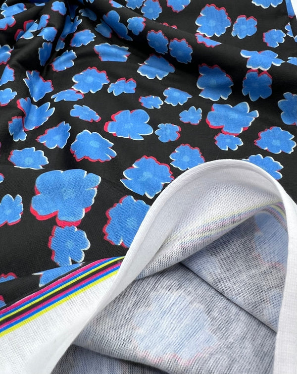 Black Blue Small Floral Print Spun Poly Stretch Fabric