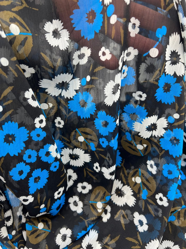 Black Blue White Floral Printed Chiffon Dress Fabric