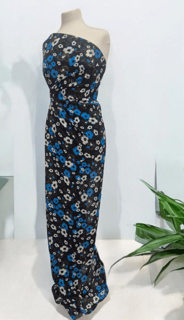 Black Blue White Floral Printed Chiffon Dress Fabric