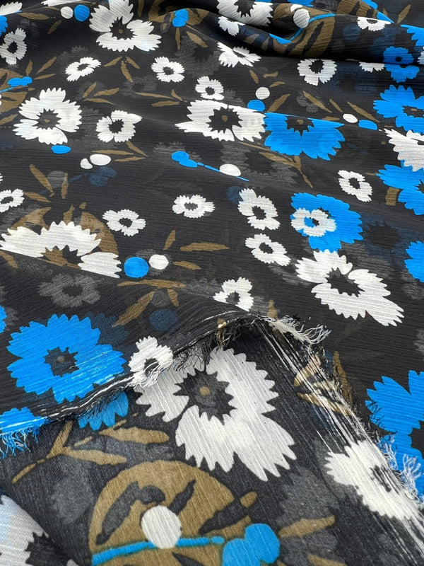 Black Blue White Floral Printed Chiffon Dress Fabric