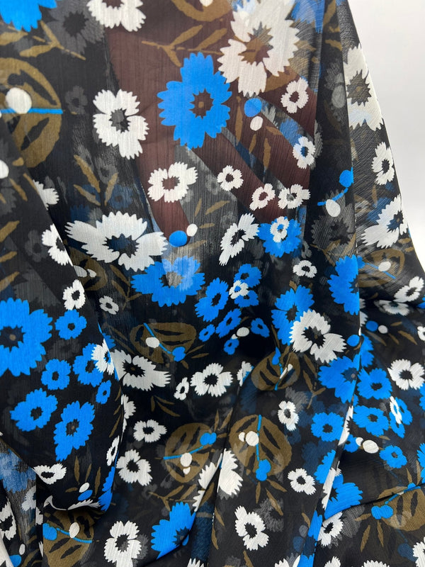 Black Blue White Floral Printed Chiffon Dress Fabric