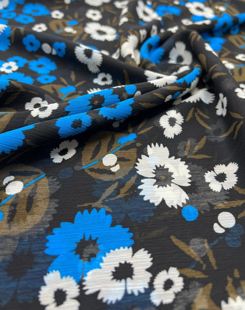 Black Blue White Floral Printed Chiffon Dress Fabric