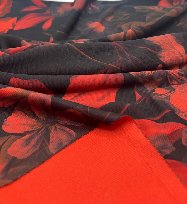 Black Bright Red Floral Print ITY Fabric 2 Way Stretch