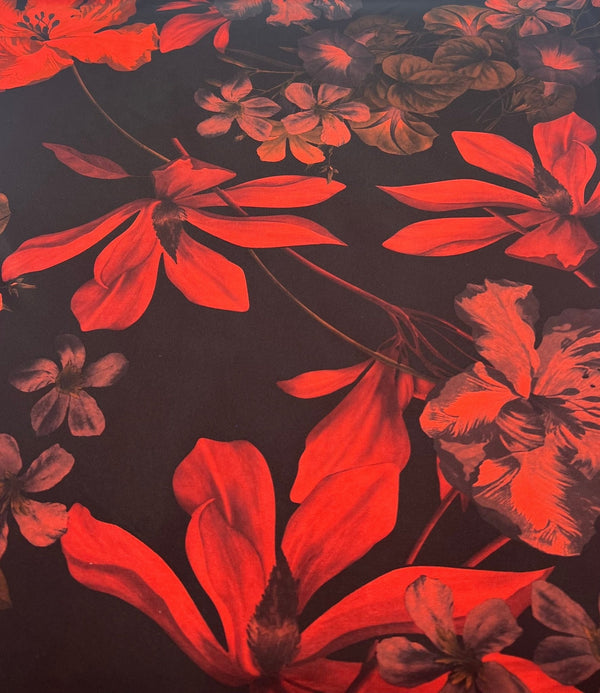 Black Bright Red Floral Print ITY Fabric 2 Way Stretch