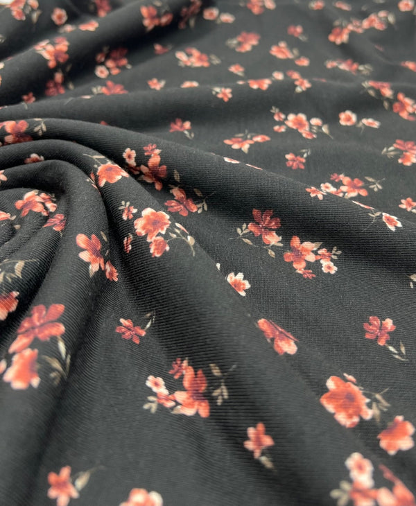 Black Ditsy Floral Rose Print Spun Poly Stretch Fabric
