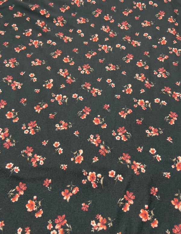 Black Ditsy Floral Rose Print Spun Poly Stretch Fabric