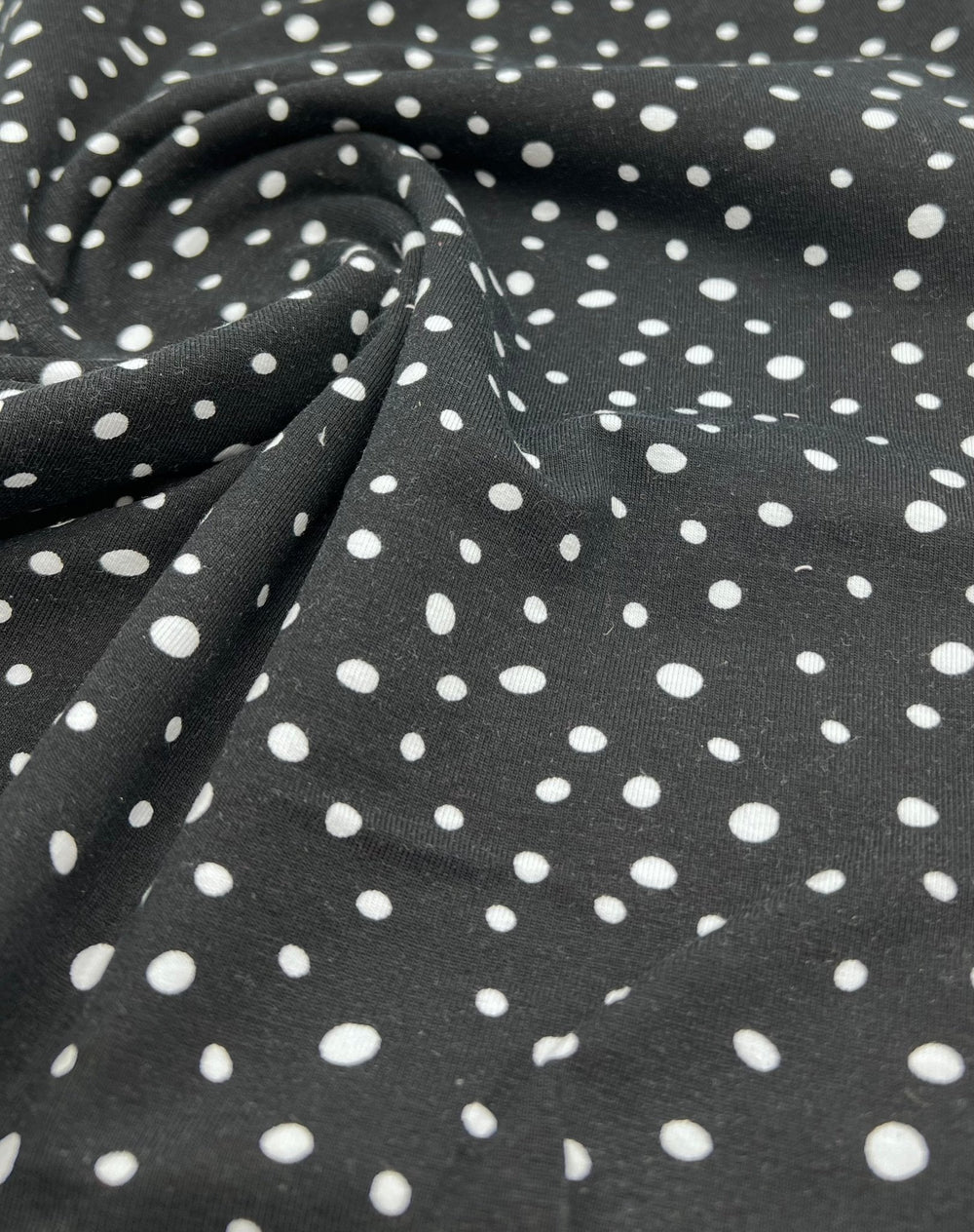 Black Dots Cotton Stretch Jersey 200 GSM 95/5 Lycra 4 Way Stretch