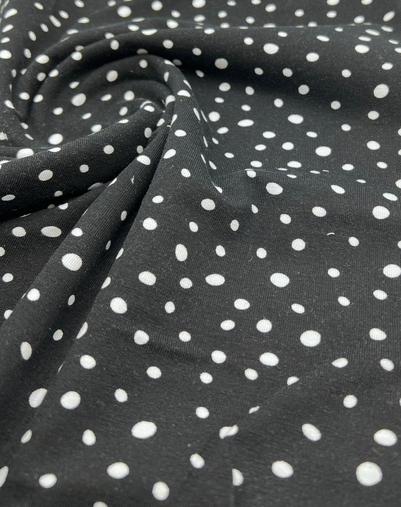 Black Dots Cotton Stretch Jersey 200 GSM 95/5 Lycra 4 Way Stretch