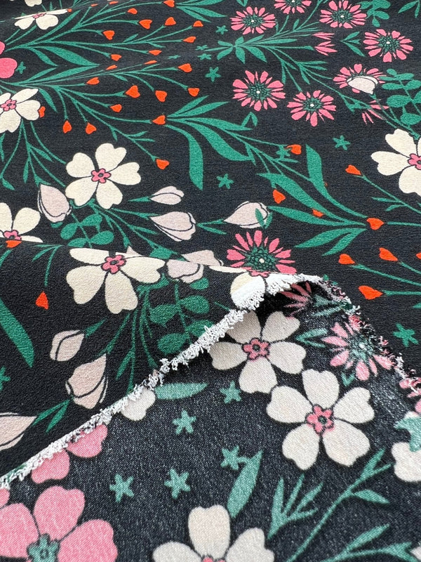 Black Floral Leaves Lightweight Non Stretch Woven Dress Craft Fabric