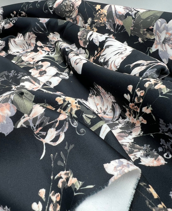 Black Floral Printed Plain Scuba 4 Way Stretch Jersey Fabric