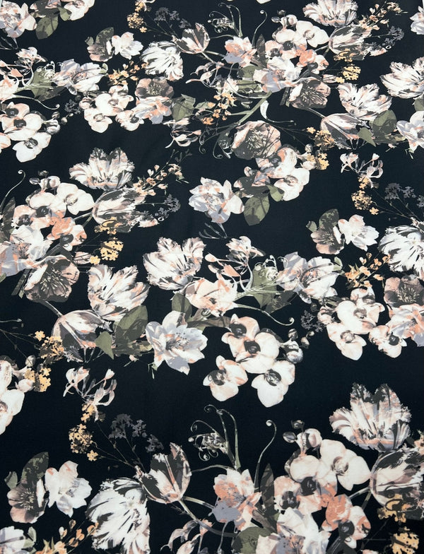 Black Floral Printed Plain Scuba 4 Way Stretch Jersey Fabric
