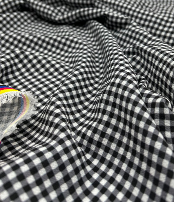 Black Gingham Check Print Lightweight Bubble Crepe Fabric