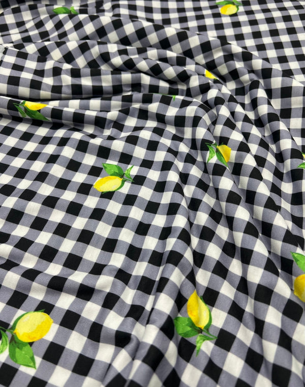 Black Gingham Lemon Print Soft Spun Poly Stretch Fabric