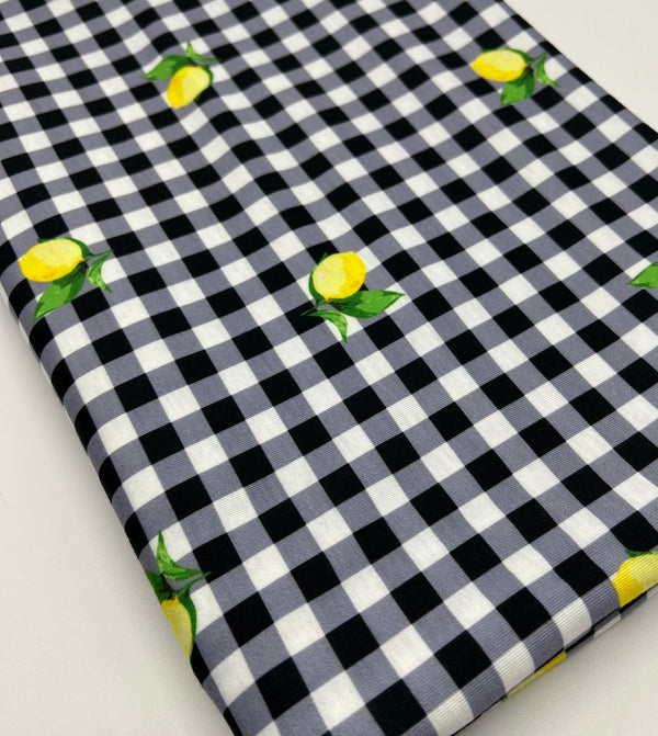 Black Gingham Lemon Print Soft Spun Poly Stretch Fabric