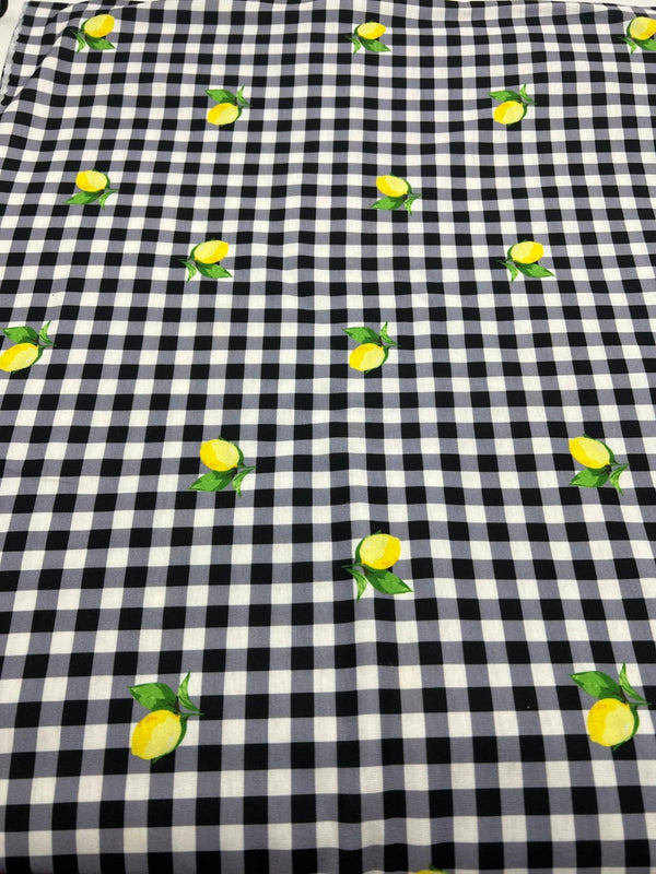 Black Gingham Lemon Print Soft Spun Poly Stretch Fabric