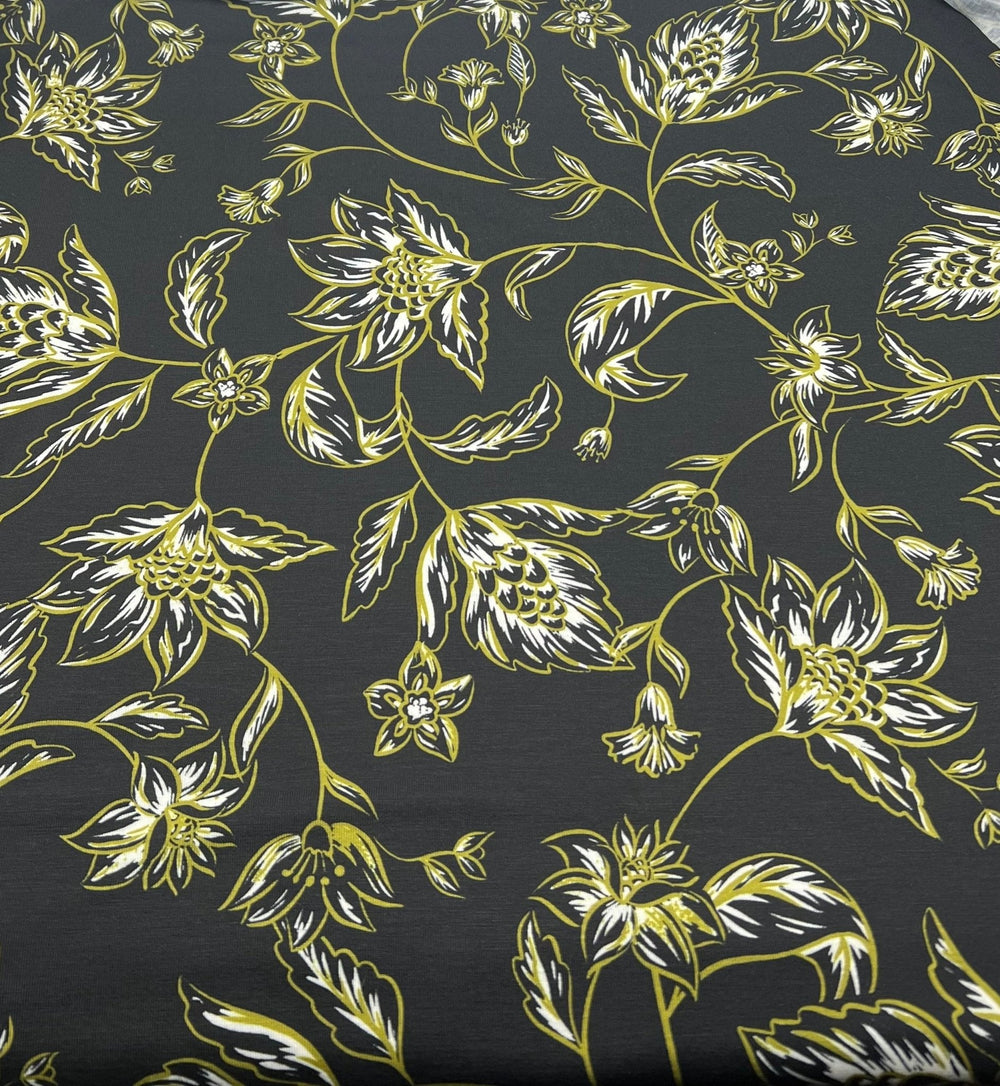 Black Green Gold Floral Print Spun Poly Stretch Fabric