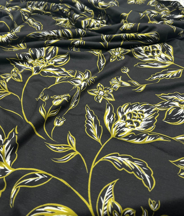 Black Green Gold Floral Print Spun Poly Stretch Fabric