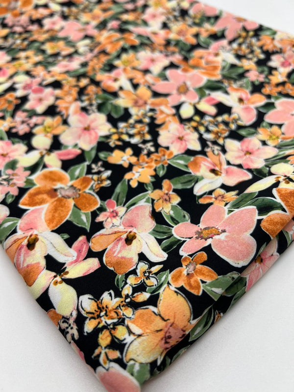 Black Orange Floral Lightweight Non Stretch Woven Dress Craft Fabric