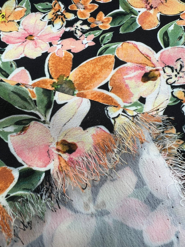 Black Orange Floral Lightweight Non Stretch Woven Dress Craft Fabric