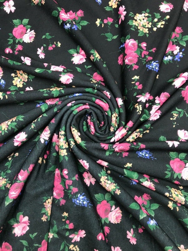 Black & Pink Rose Floral Print Spun Poly Stretch Fabric