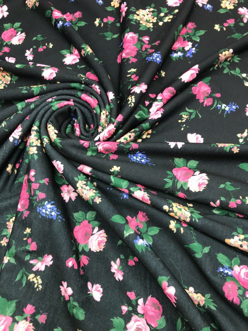 Black & Pink Rose Floral Print Spun Poly Stretch Fabric