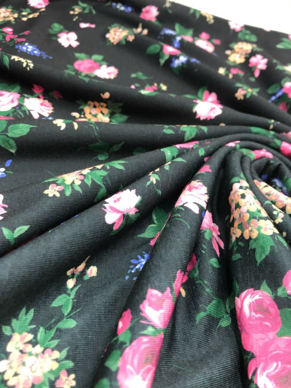 Black & Pink Rose Floral Print Spun Poly Stretch Fabric