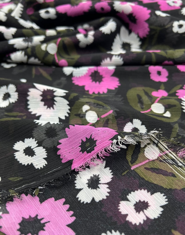 Black Pink White Floral Printed Chiffon Dress Fabric