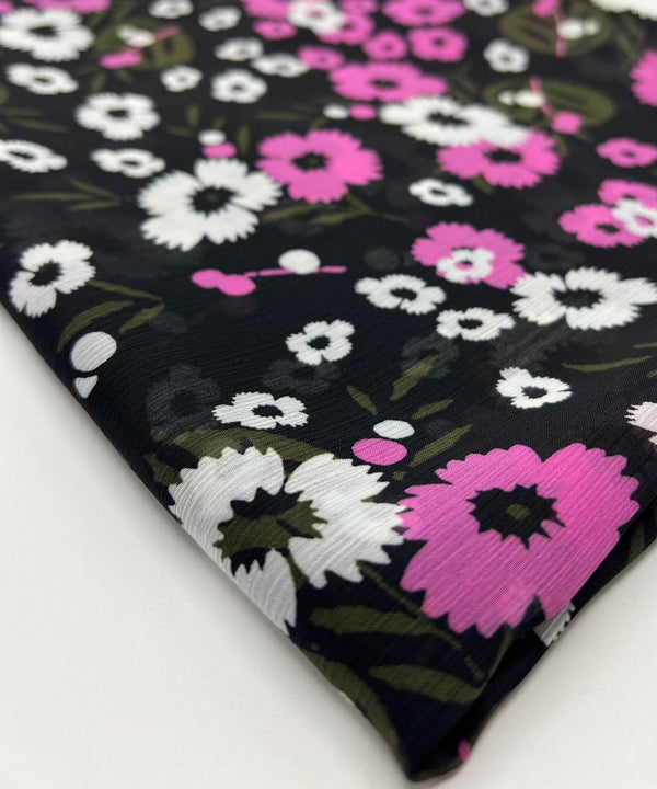 Black Pink White Floral Printed Chiffon Dress Fabric