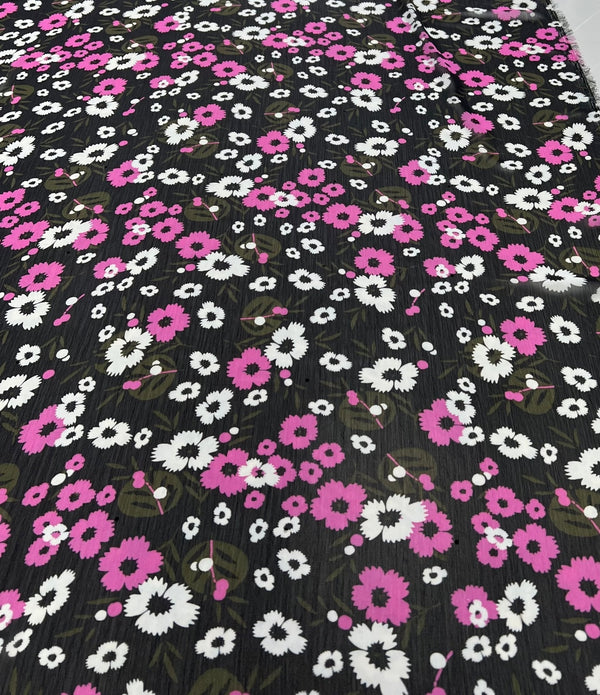 Black Pink White Floral Printed Chiffon Dress Fabric