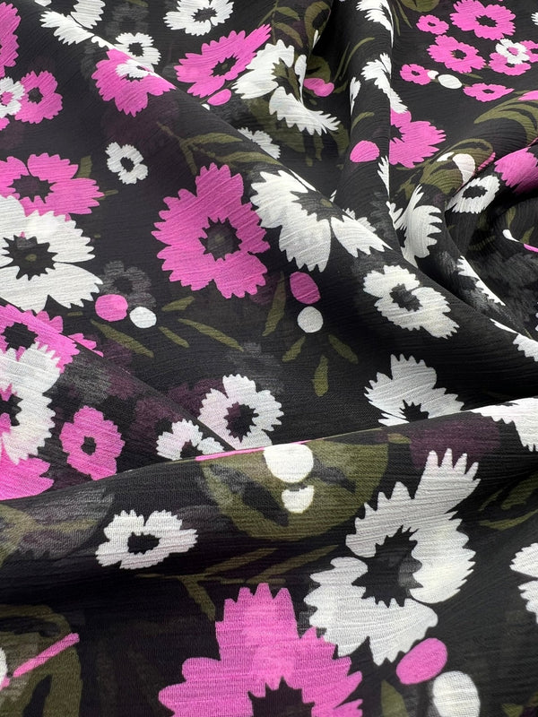 Black Pink White Floral Printed Chiffon Dress Fabric
