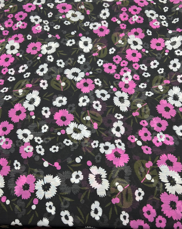 Black Pink White Floral Printed Chiffon Dress Fabric