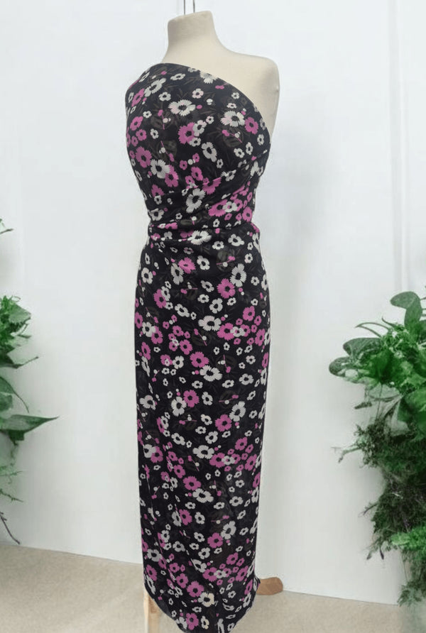 Black Pink White Floral Printed Chiffon Dress Fabric
