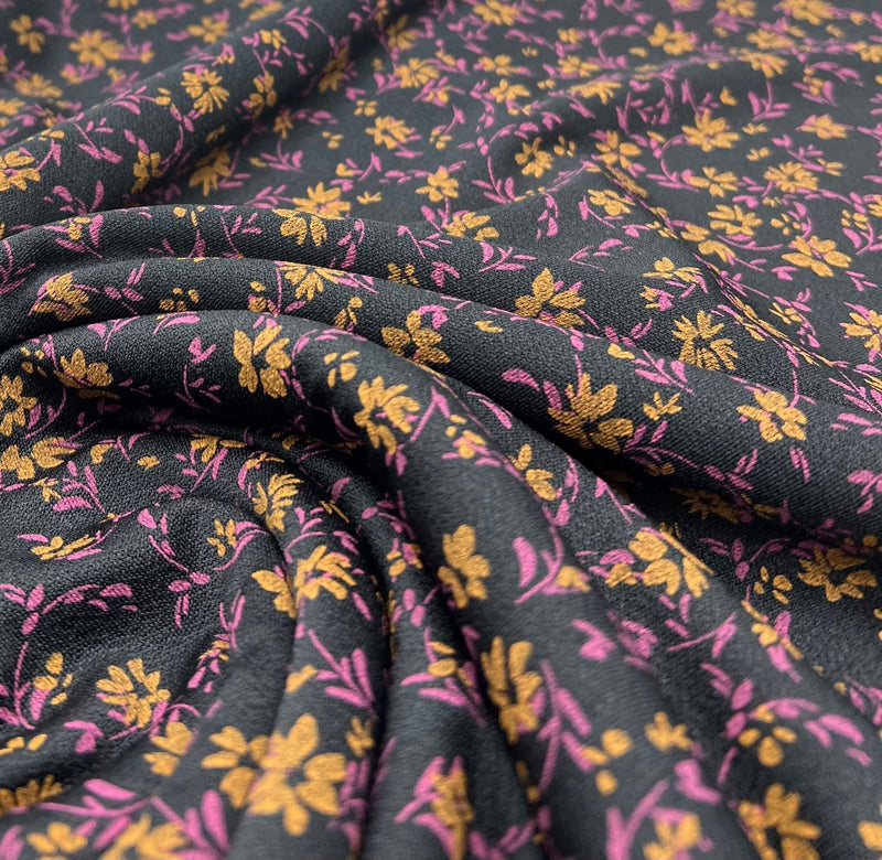 Black Purple Floral Print Lightweight Crepe Fabric 4 Way Stretch