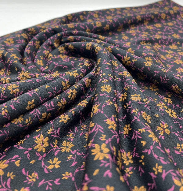 Black Purple Floral Print Lightweight Crepe Fabric 4 Way Stretch