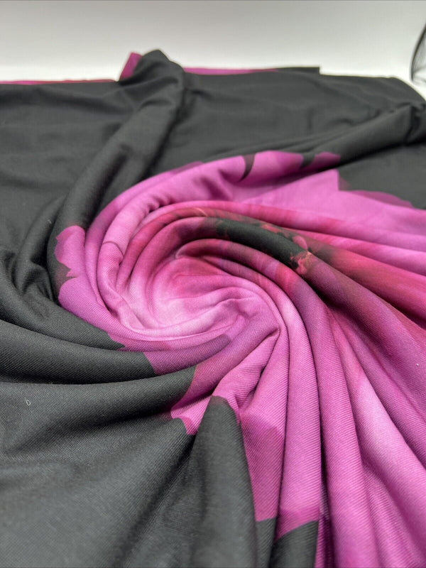 Black Purple Large Floral Print Spun Poly Stretch Fabric