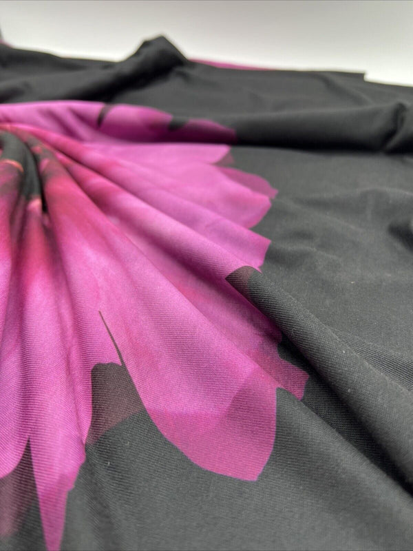 Black Purple Large Floral Print Spun Poly Stretch Fabric