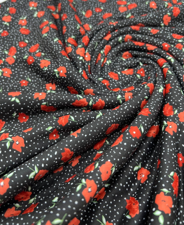 Black Red Poppy Print Spun Poly Stretch Fabric
