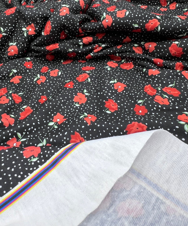 Black Red Poppy Print Spun Poly Stretch Fabric