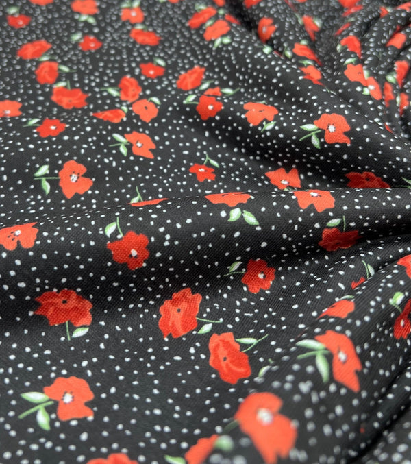 Black Red Poppy Print Spun Poly Stretch Fabric