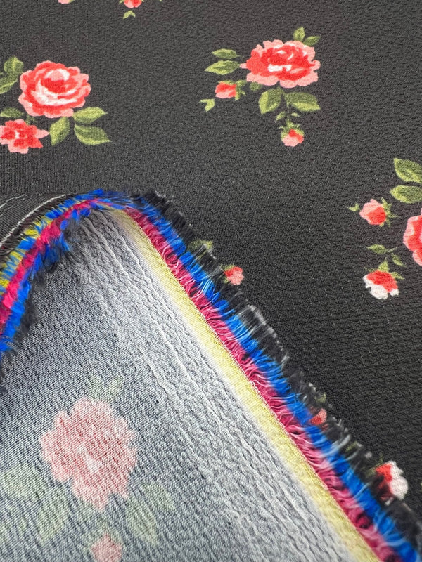 Black Rose Print Lightweight Bubble Crepe Fabric