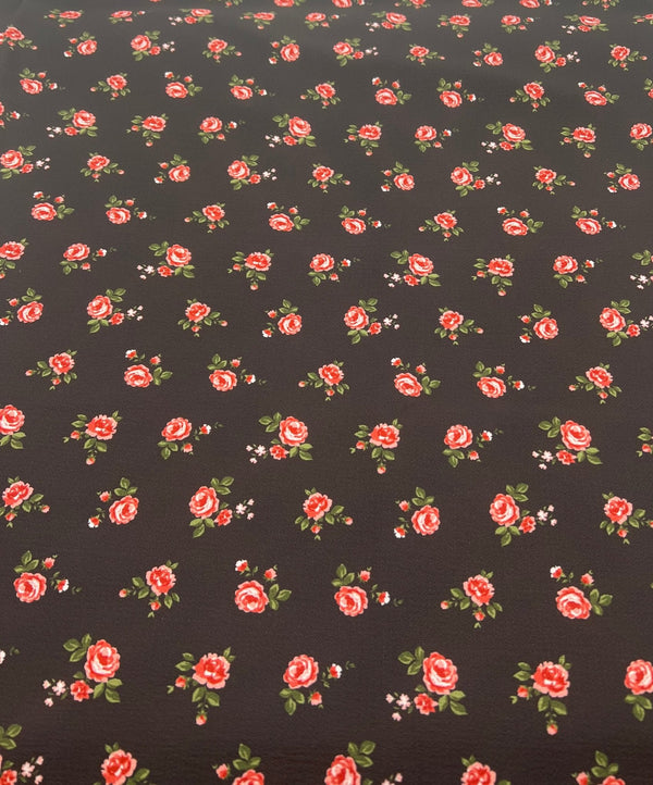 Black Rose Print Lightweight Bubble Crepe Fabric