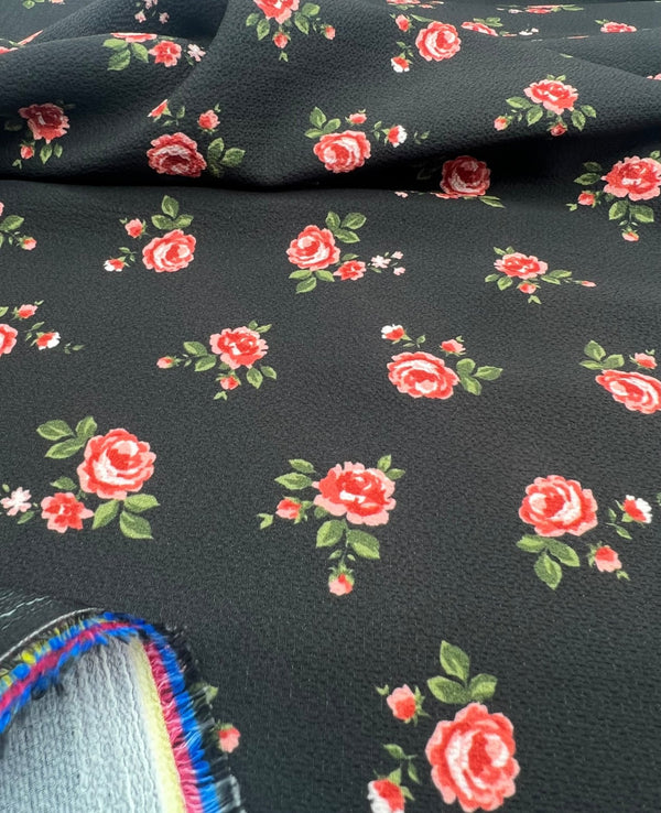 Black Rose Print Lightweight Bubble Crepe Fabric