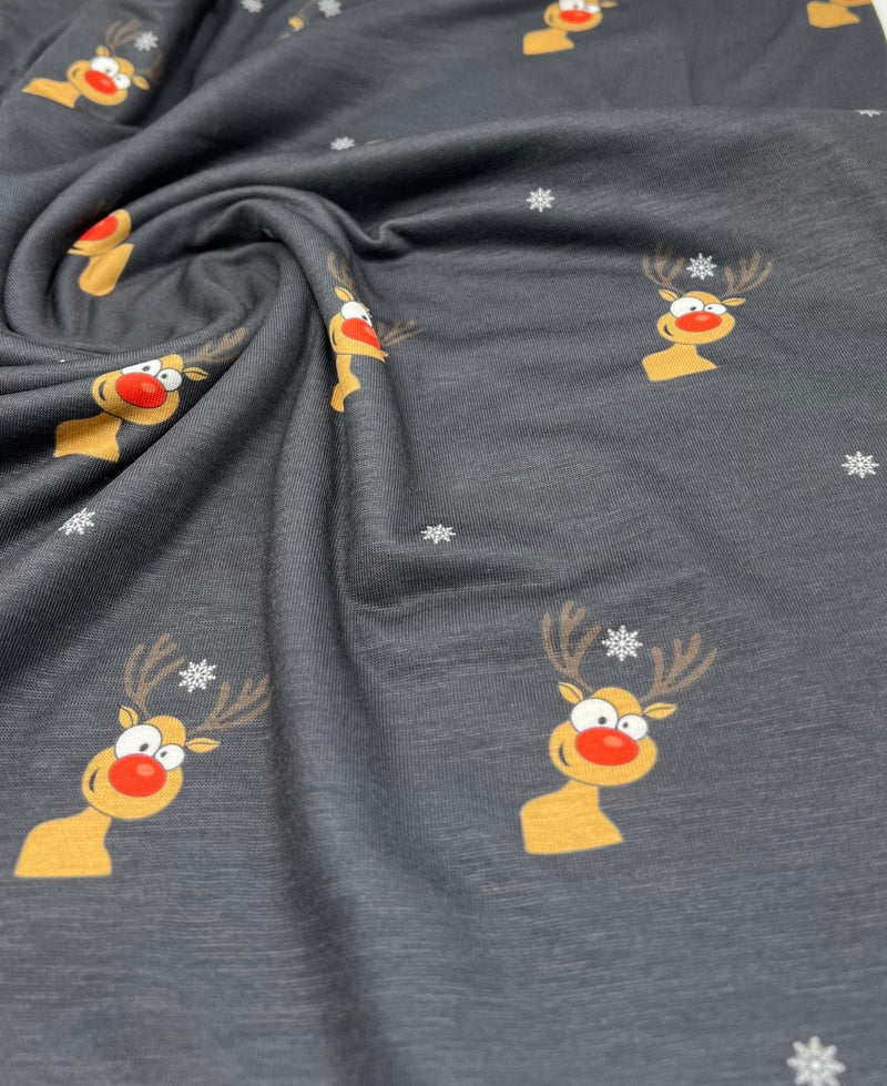 Black Rudolph Print Soft Spun Poly Stretch Fabric